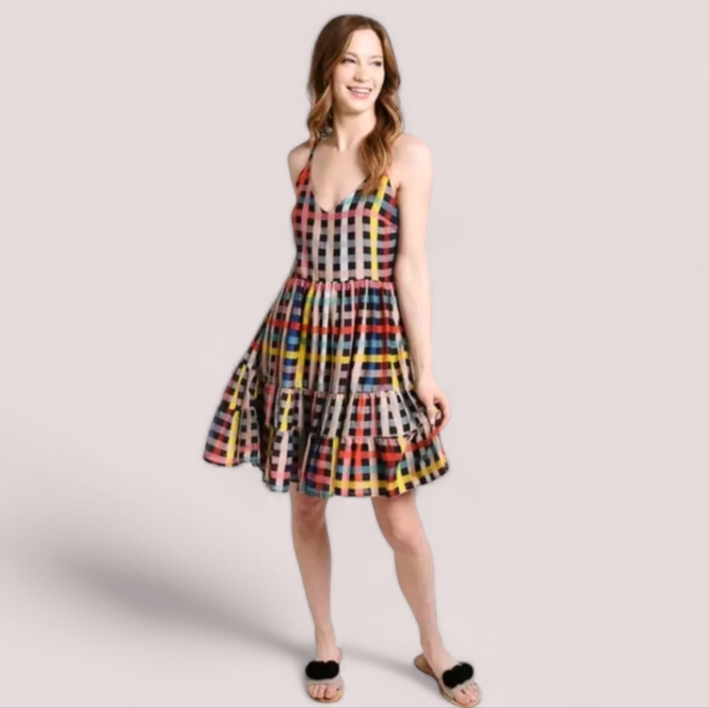 Carolina K Marieta Tiered Mini Dress S Plaid Multicolor Rainbow Silk